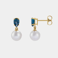 pear blue topaz and pearl yellow gold drop earrings
