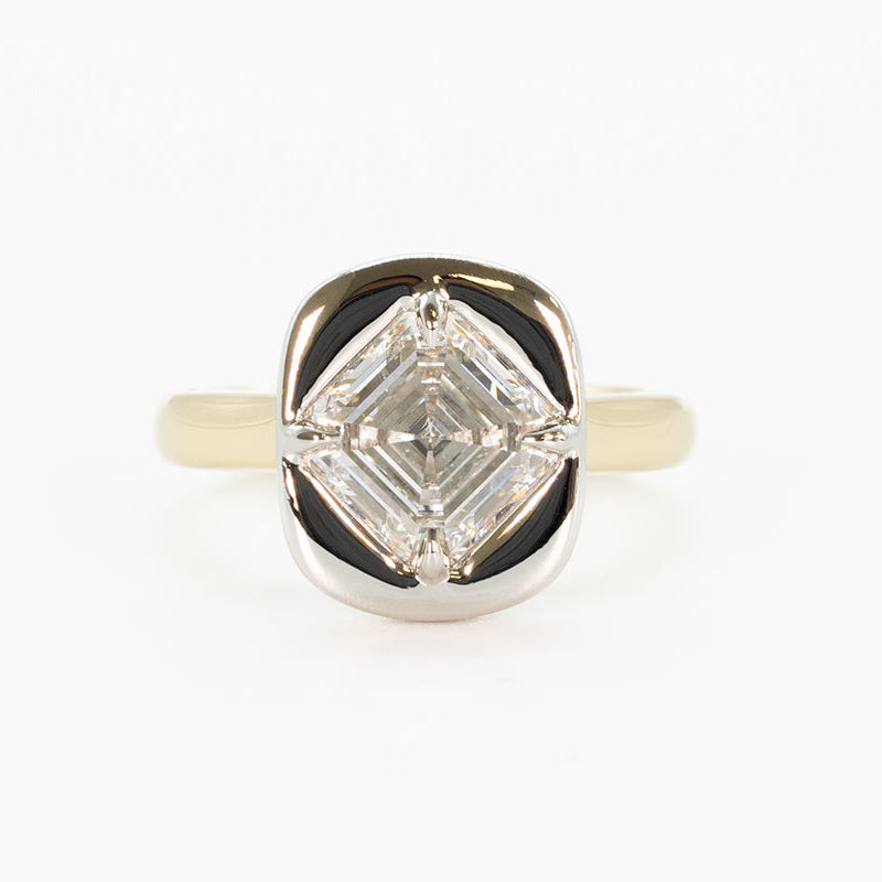 hitched yellow gold and platinum two-tone signature heirloom bezel engagement ring with lab-grown asscher diamond