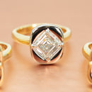 hitched yellow gold and platinum two-tone signature heirloom bezel engagement ring with lab-grown asscher diamond