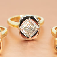 hitched yellow gold and platinum two-tone signature heirloom bezel engagement ring with lab-grown asscher diamond