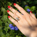 A close-up of a hand with bright red nail polish wearing a gold ring with a marquise-cut clear diamond, set against a background of green foliage and small blue flowers.