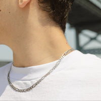 A man in a white t-shirt with a sterling silver chain around his neck and a blurry outline of a bridge with a blue sky in the background.