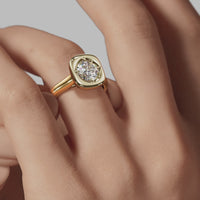 Signature Heirloom Bezel Cushion Engagement Ring - Yellow Gold Polished Band - On Model View