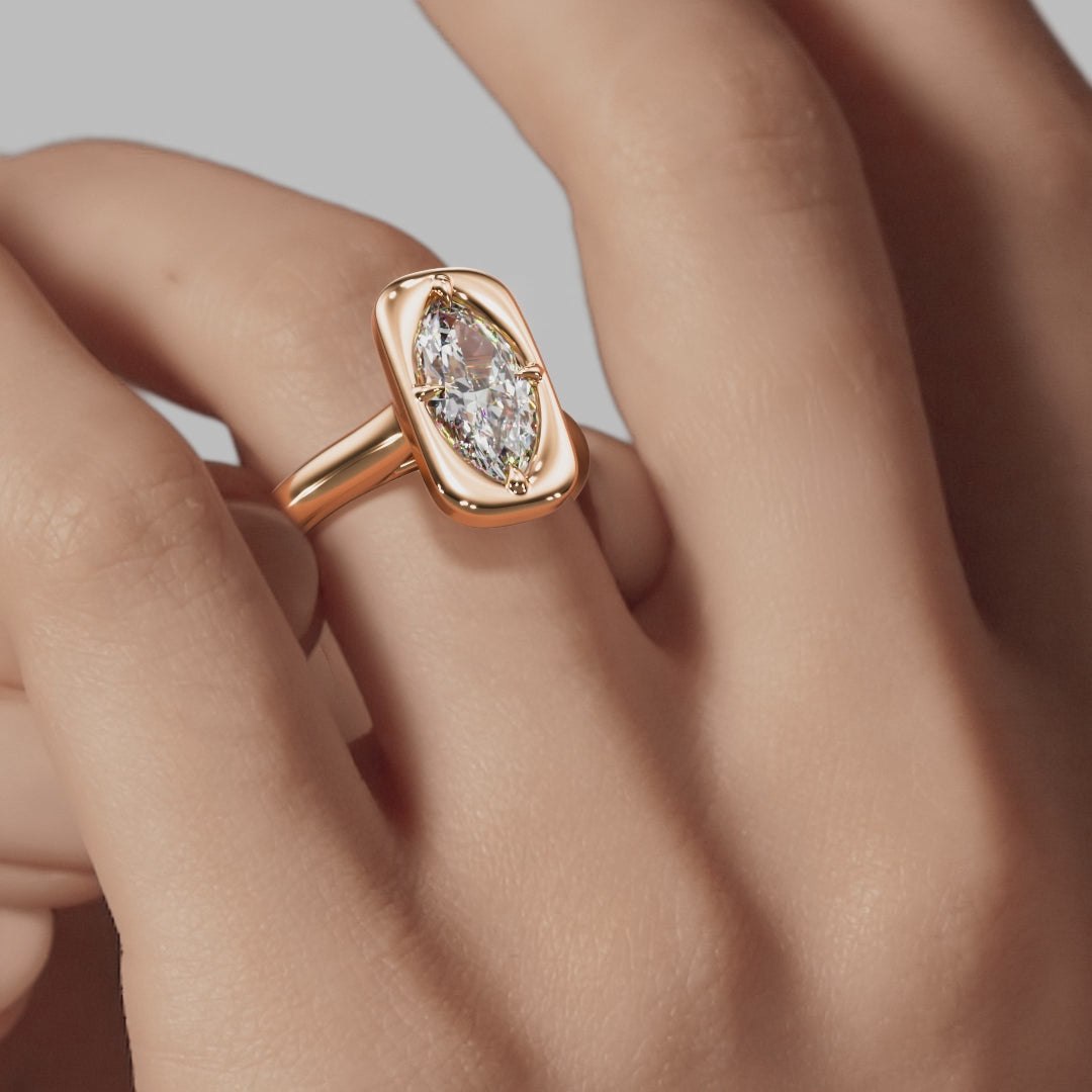 Signature Heirloom Bezel Marquise Engagement Ring - Rose Gold Polished Band - On Model View