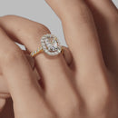 Halo Elongated Cushion Engagement Ring - Yellow Gold Pavé Band - On Model View