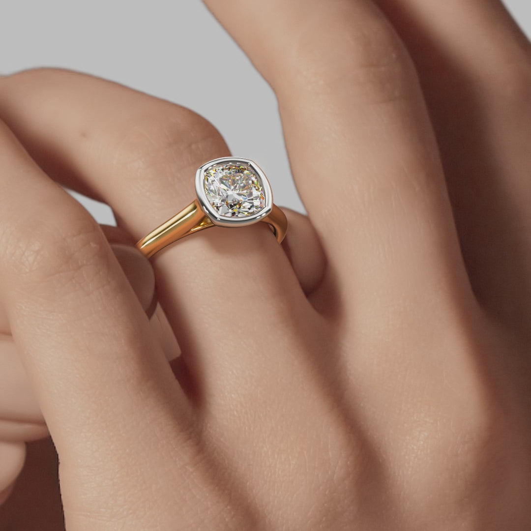 Bezel Cushion Engagement Ring - Yellow Gold Polished Band - On Model View