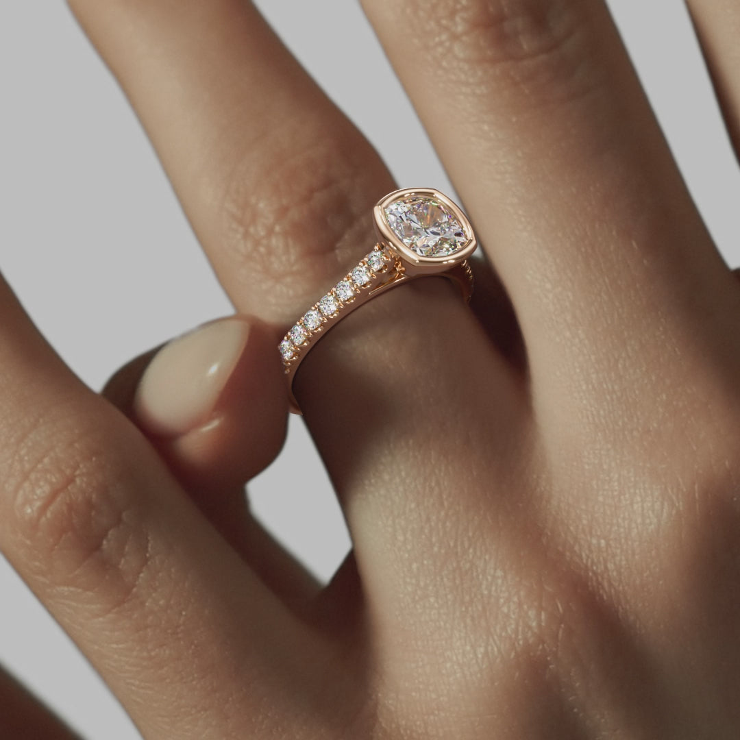 Bezel Cushion Engagement Ring - Rose Gold Pavé Band - On Model View
