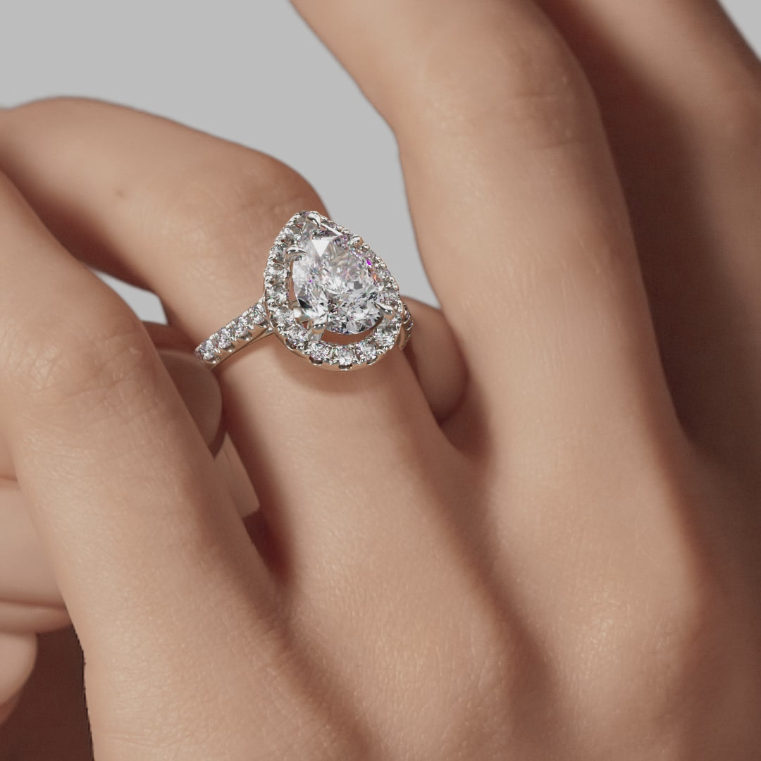 Halo Pear Engagement Ring - White Gold Pavé Band - On Model View