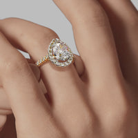 Halo Pear Engagement Ring - Yellow Gold Pavé Band - On Model View