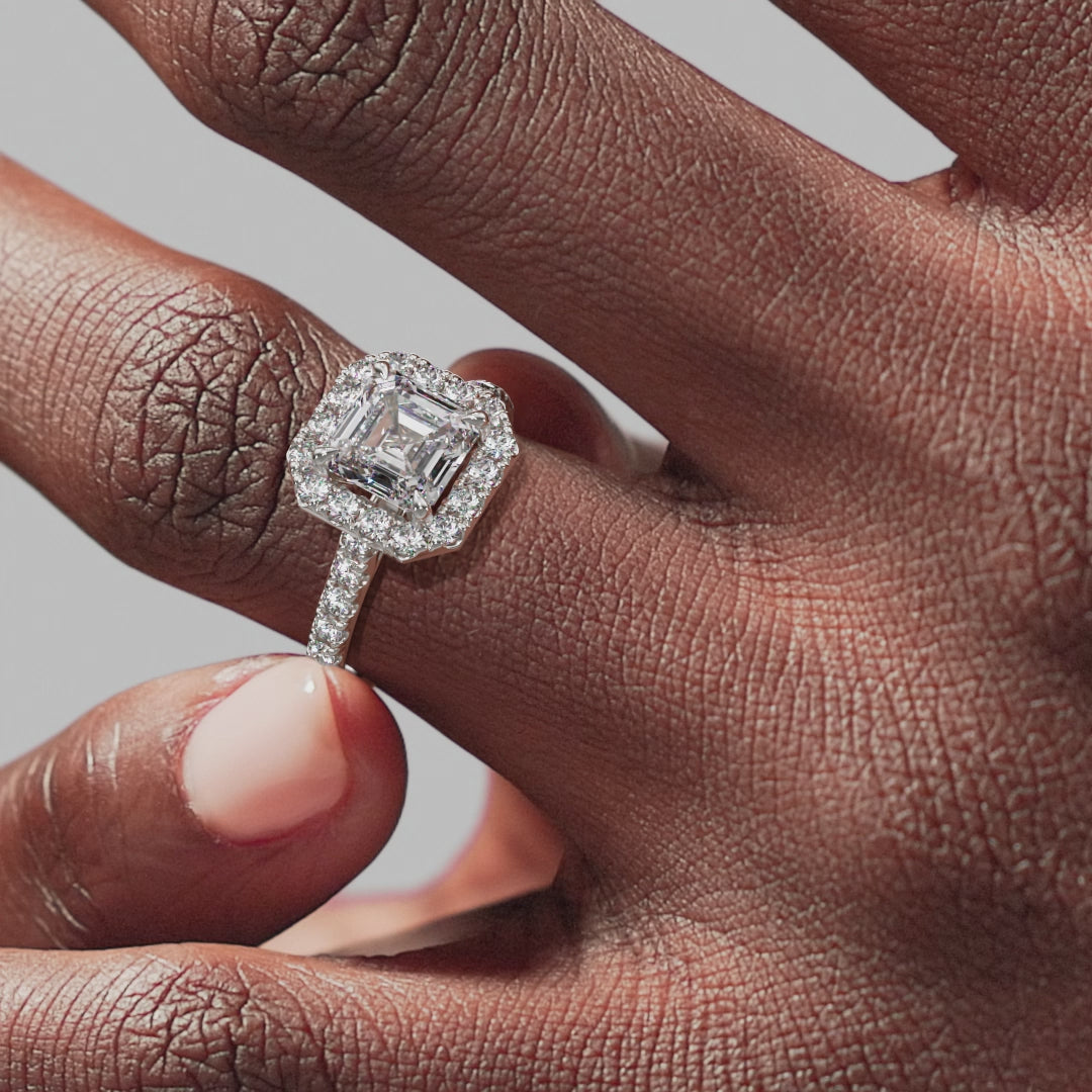 Halo Asscher Engagement Ring - White Gold Pavé Band - On Model View