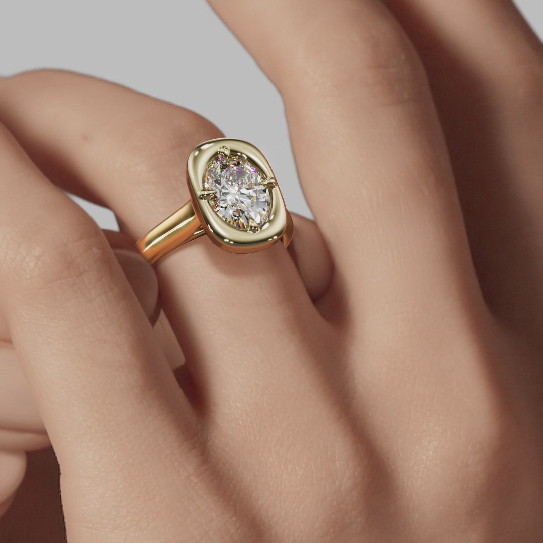 Signature Heirloom Bezel Oval Engagement Ring - Yellow Gold Polished Band - On Model View