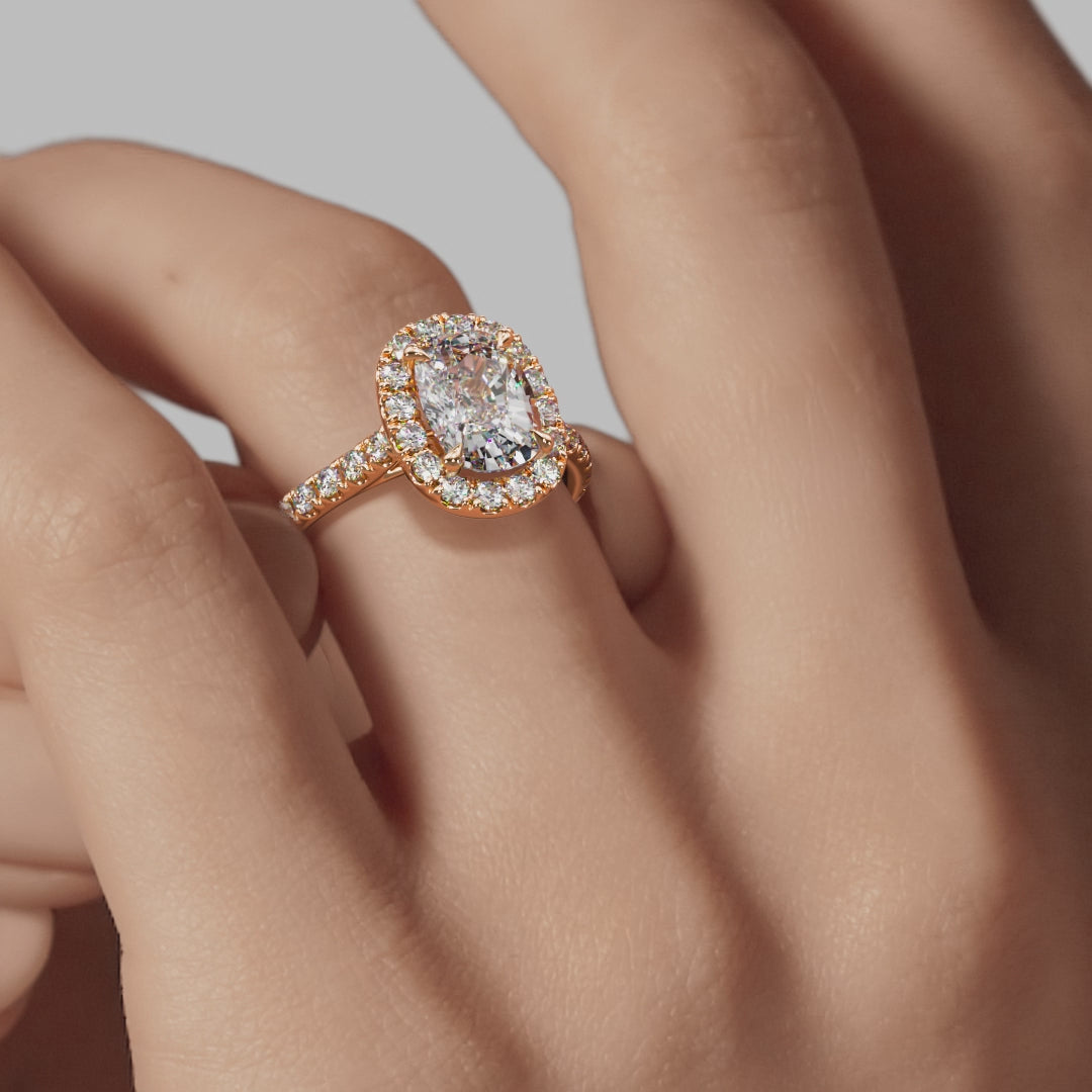 Halo Elongated Cushion Engagement Ring - Rose Gold Pavé Band - On Model View