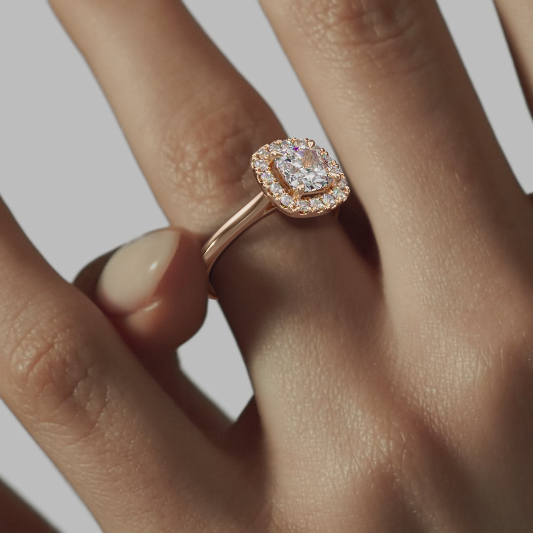 Halo Cushion Engagement Ring - Rose Gold Polished Band - On Model View