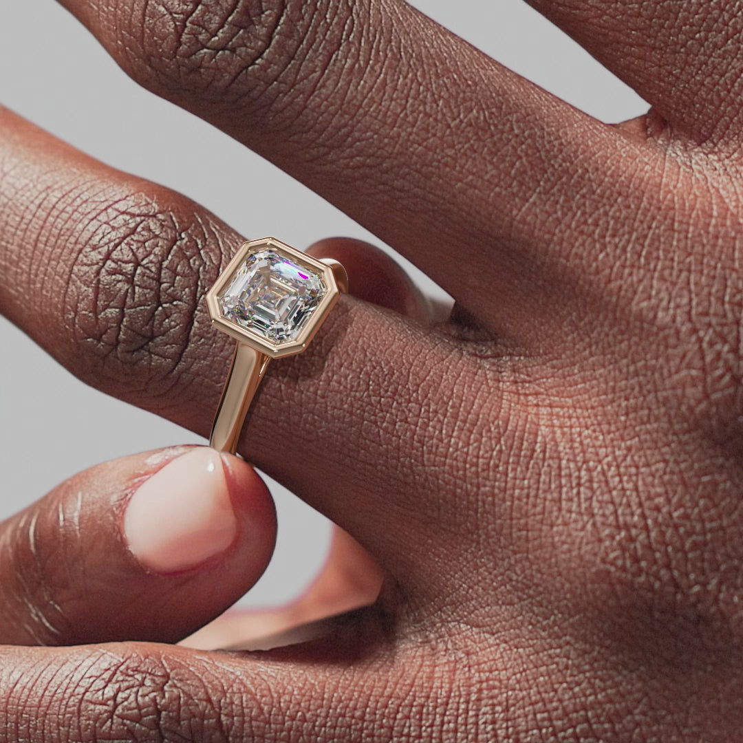 Bezel Asscher Engagement Ring - Rose Gold Polished Band - On Model View