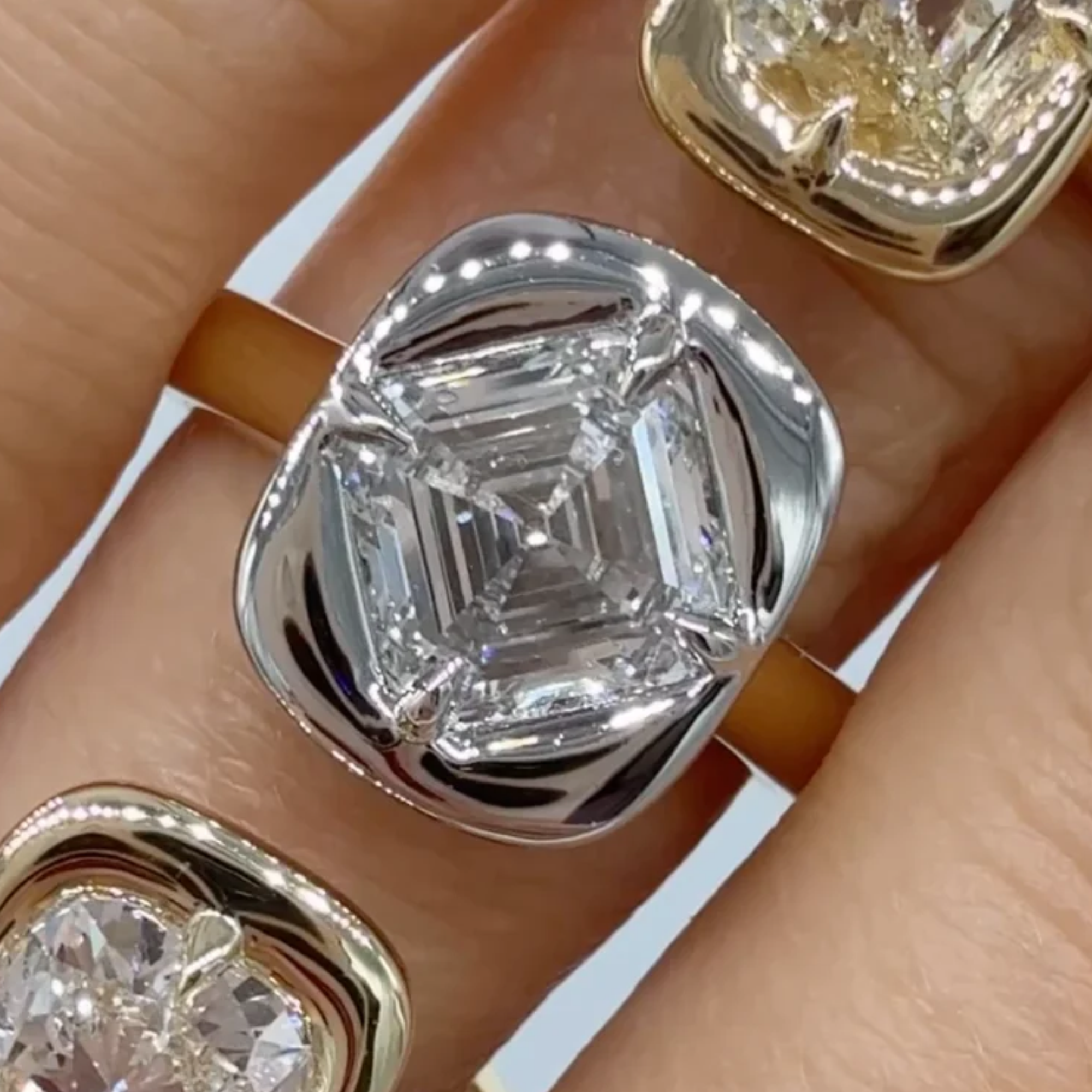 hitched signature heirloom bezel video showcasing three different diamonds