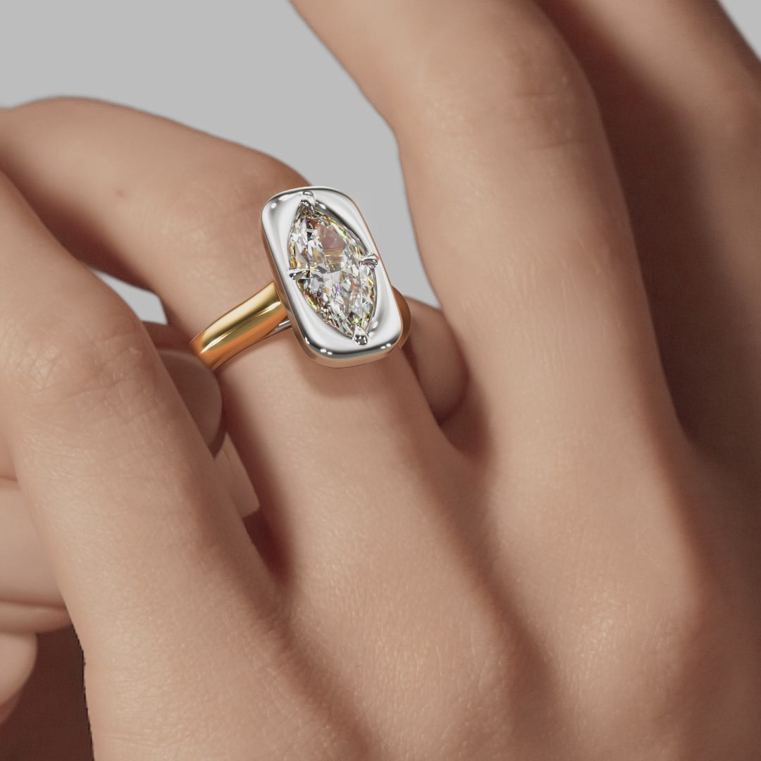Signature Heirloom Bezel Marquise Engagement Ring - Two-Tone Polished Band - On Model View