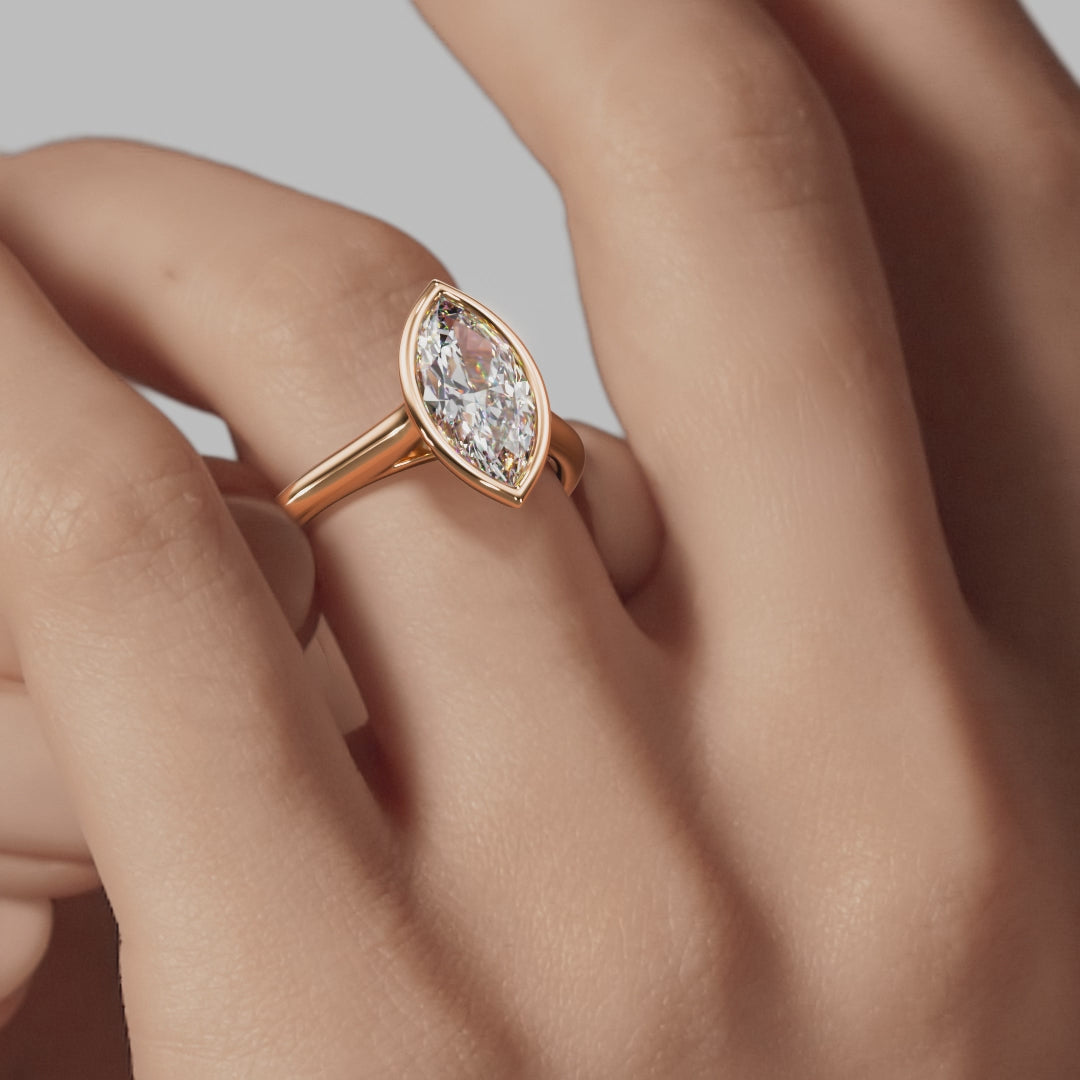 Bezel Marquise Engagement Ring - Rose Gold Polished Band - On Model View