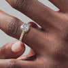 Cathedral Hidden Halo Cushion Engagement Ring - Rose Gold Pavé Band - On Model View