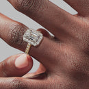 Halo Emerald Engagement Ring - Yellow Gold Pavé Band - On Model View