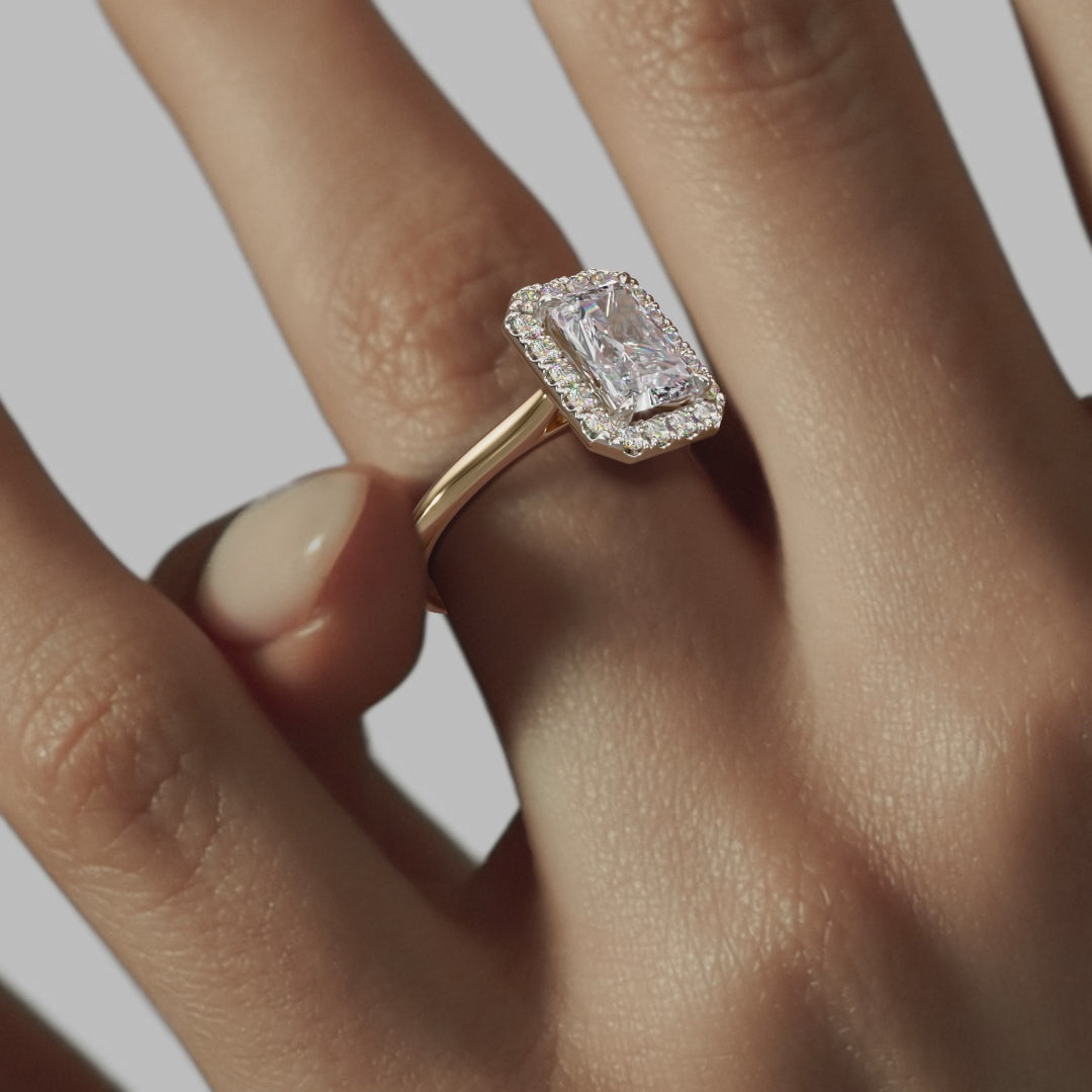 Halo Radiant Engagement Ring - Yellow Gold Polished Band - On Model View