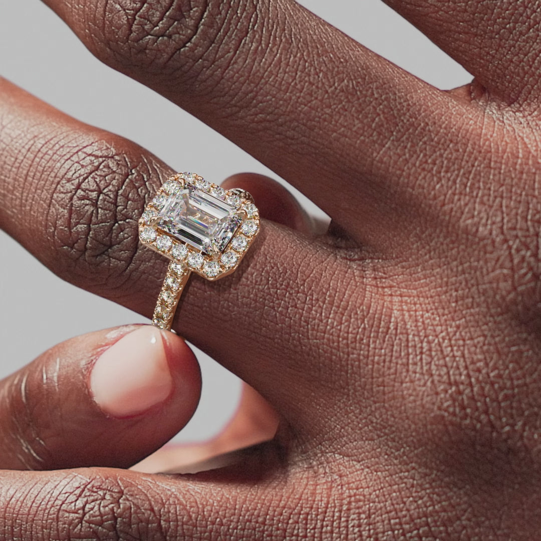 Halo Emerald Engagement Ring - Rose Gold Pavé Band - On Model View