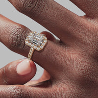 Halo Emerald Engagement Ring - Rose Gold Pavé Band - On Model View