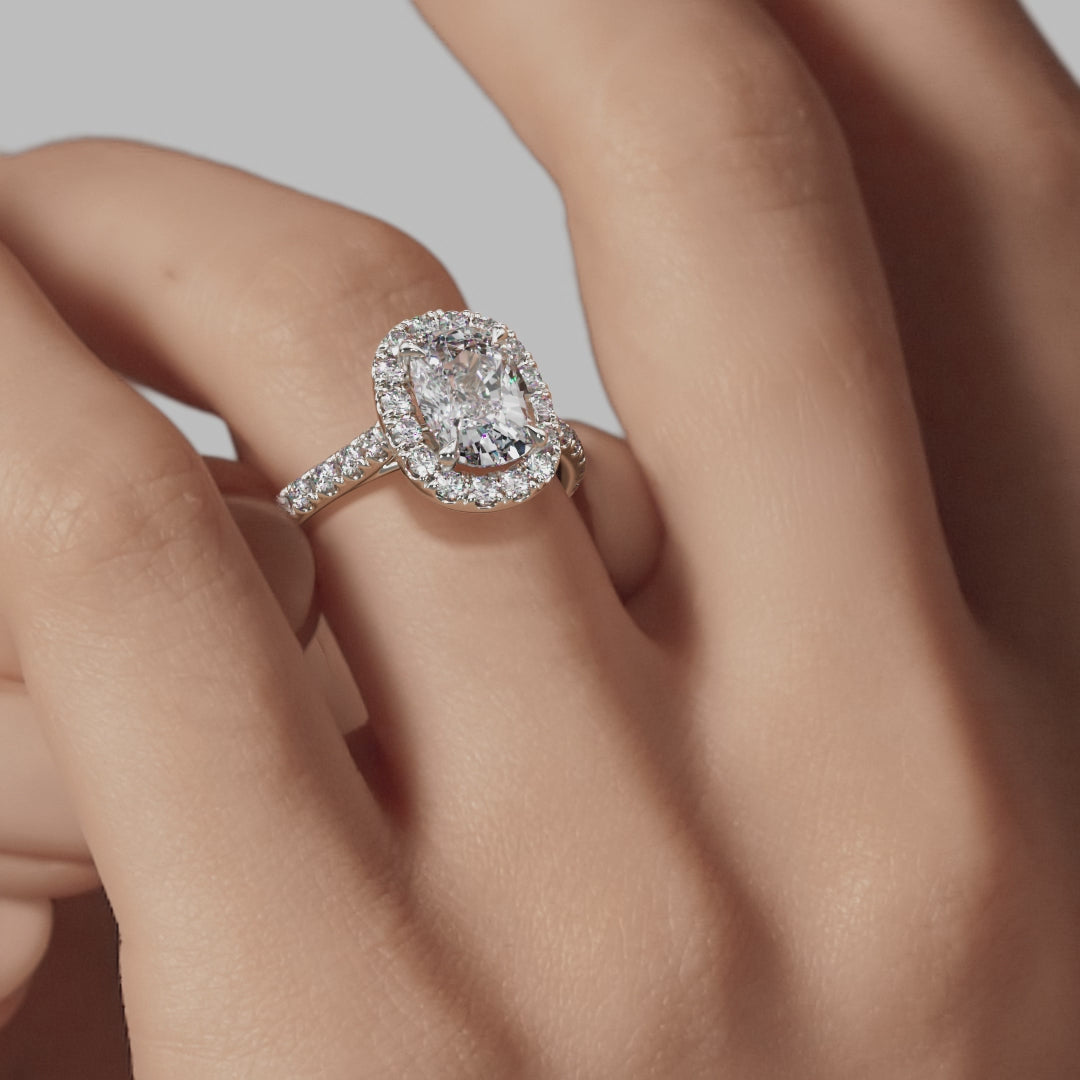 Halo Elongated Cushion Engagement Ring - White Gold Pavé Band - On Model View