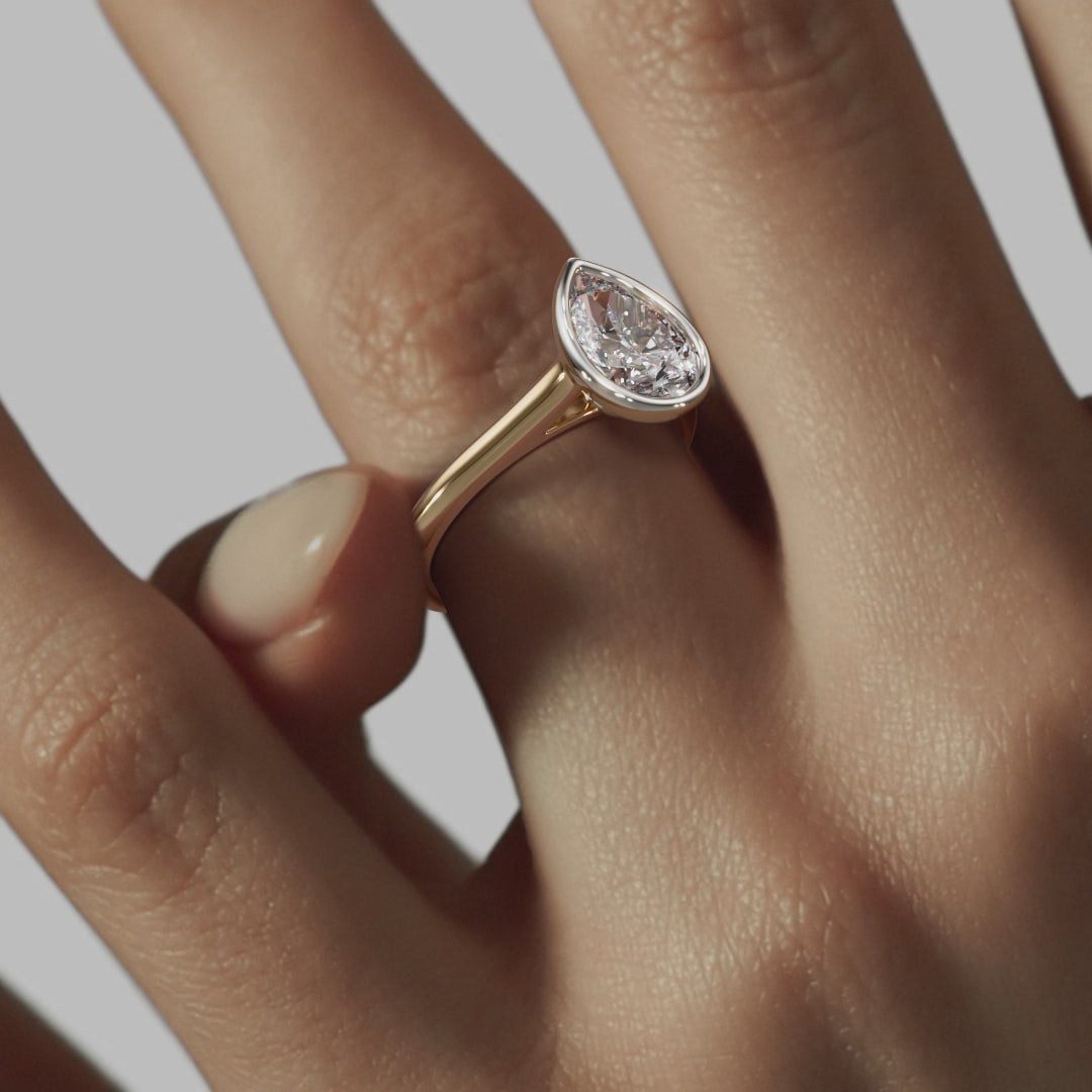 Bezel Pear Engagement Ring - Yellow Gold Polished Band - On Model View