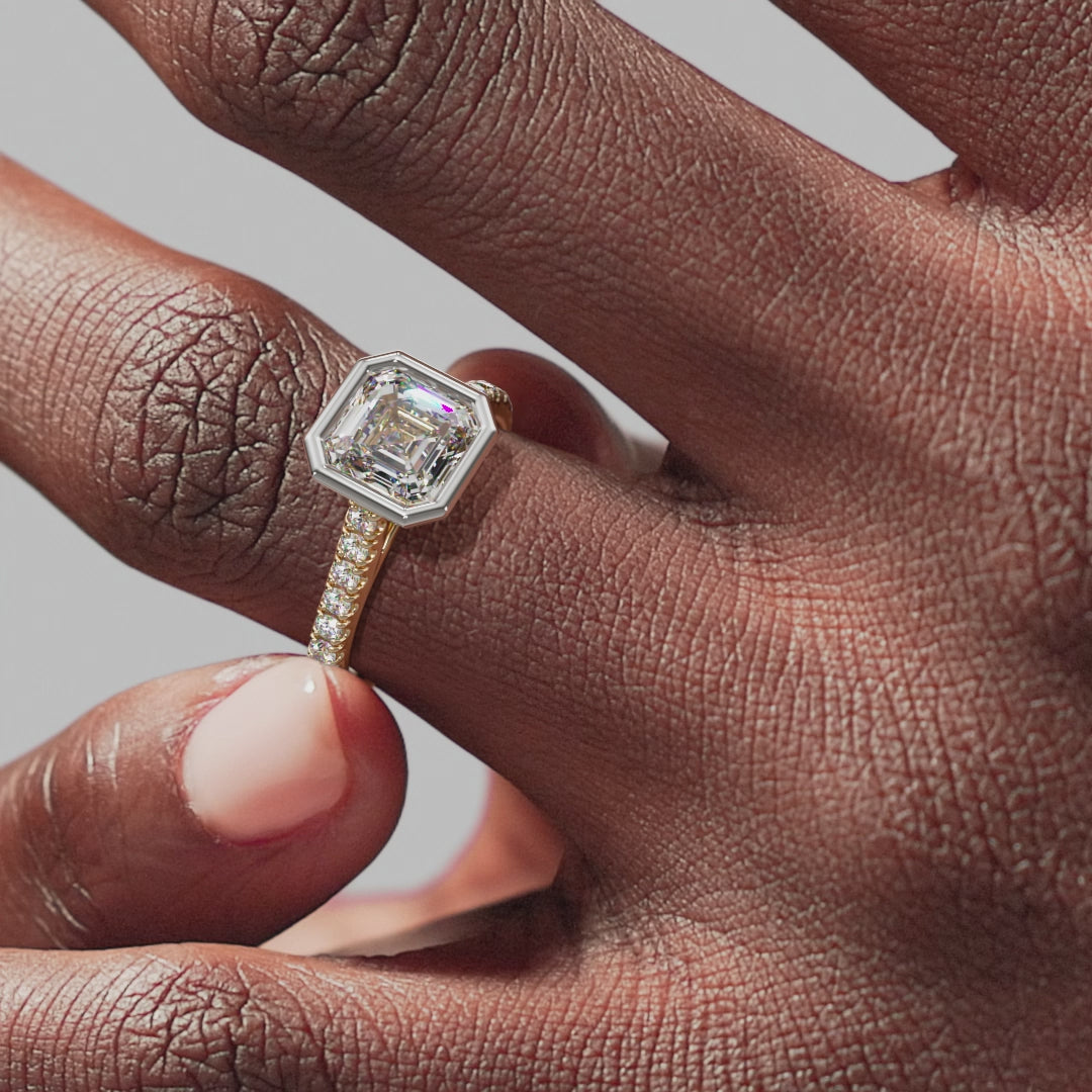 Bezel Asscher Engagement Ring - Yellow Gold Pavé Band - On Model View