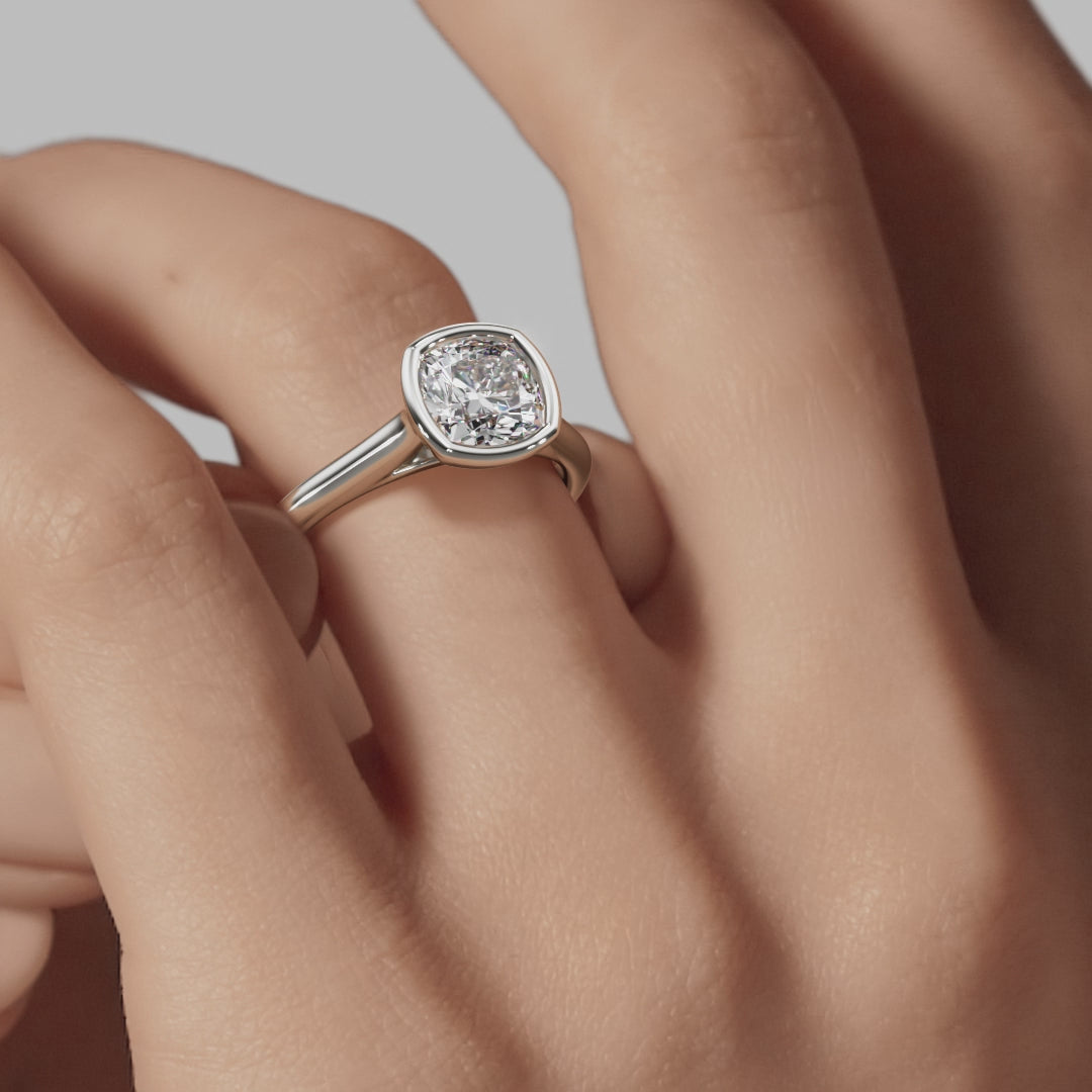 Bezel Cushion Engagement Ring - White Gold Polished Band - On Model View