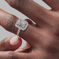 Halo Emerald Engagement Ring - White Gold Pavé Band - On Model View