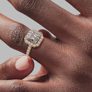 Halo Asscher Engagement Ring - Rose Gold Pavé Band - On Model View