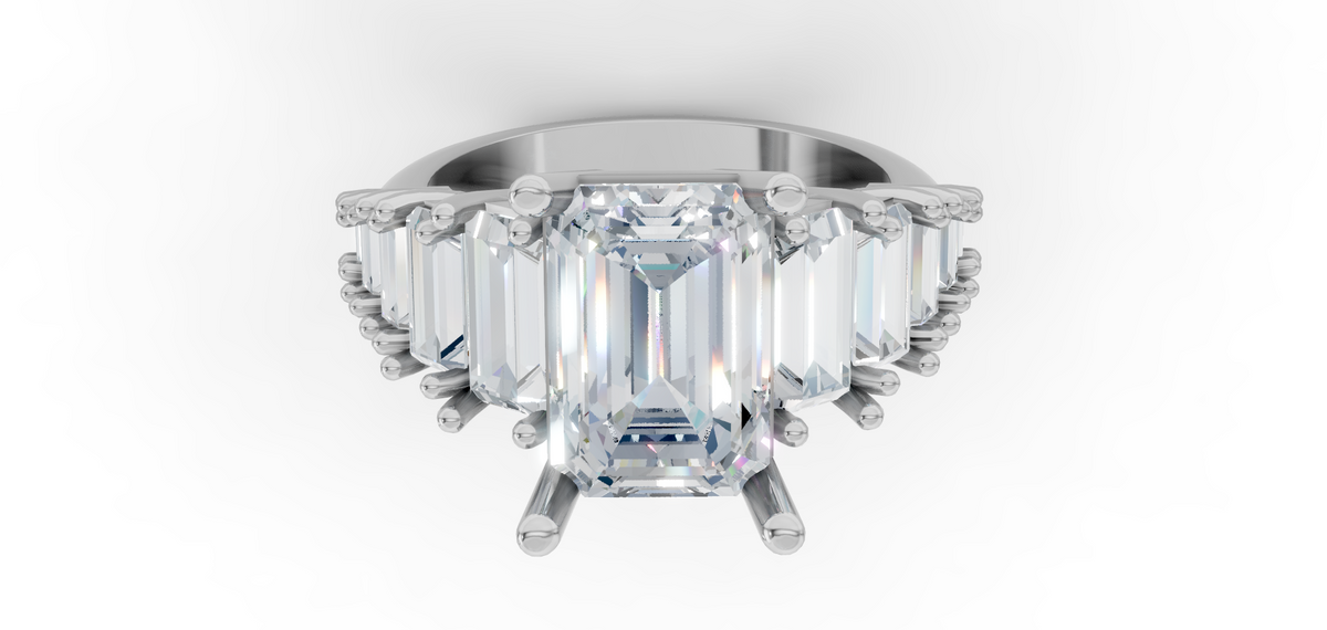 Diamond ring with emerald-cut and baguette-cut diamonds on a white background