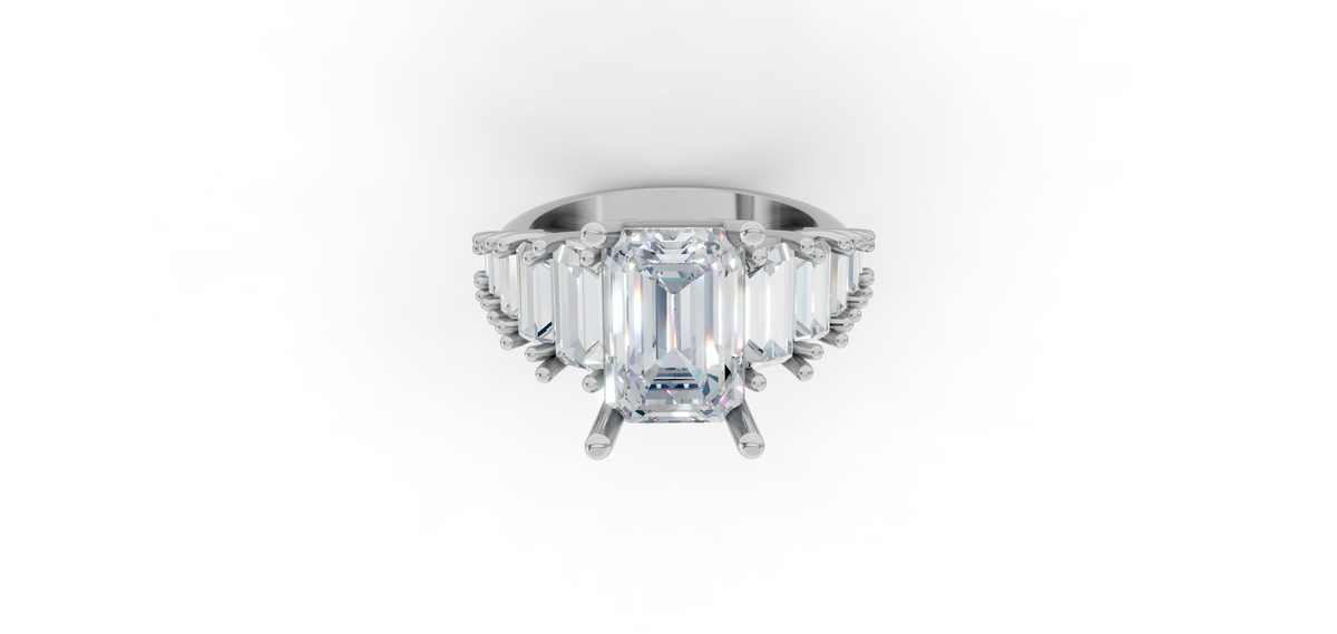 CAD design of an emerald-cut diamond ring with baguette side stones on a white background
