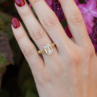 On-hand shot of a large emerald cut engagement ring on the left ring finger of a woman's hand. Behind the hand is blurry purple flowers and green leaves. The ring is yellow gold with intricate details on the band.