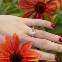 A large emerald cut diamond engagement ring on a woman's left ring finger. Behind the hand are orange/red flowers and green leaves.