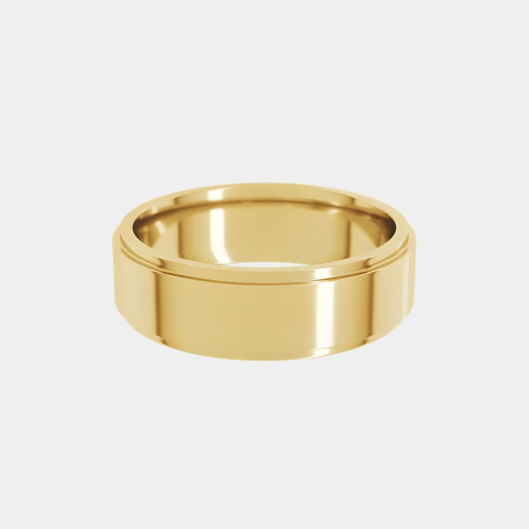 hitched men's yellow gold stepped edge wedding band in 6mm width