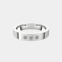 hitched men's platinum flat wedding band with trio of diamonds in 4mm width