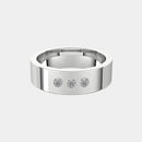 hitched men's platinum flat wedding band with trio of diamonds in 6mm width