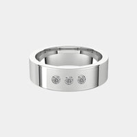 hitched men's platinum flat wedding band with trio of diamonds in 6mm width