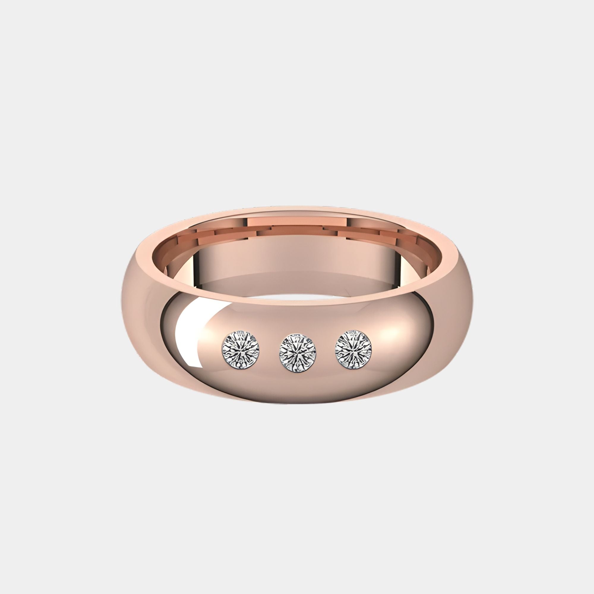 hitched men's rose gold classic wedding band with trio of diamonds in 6mm width