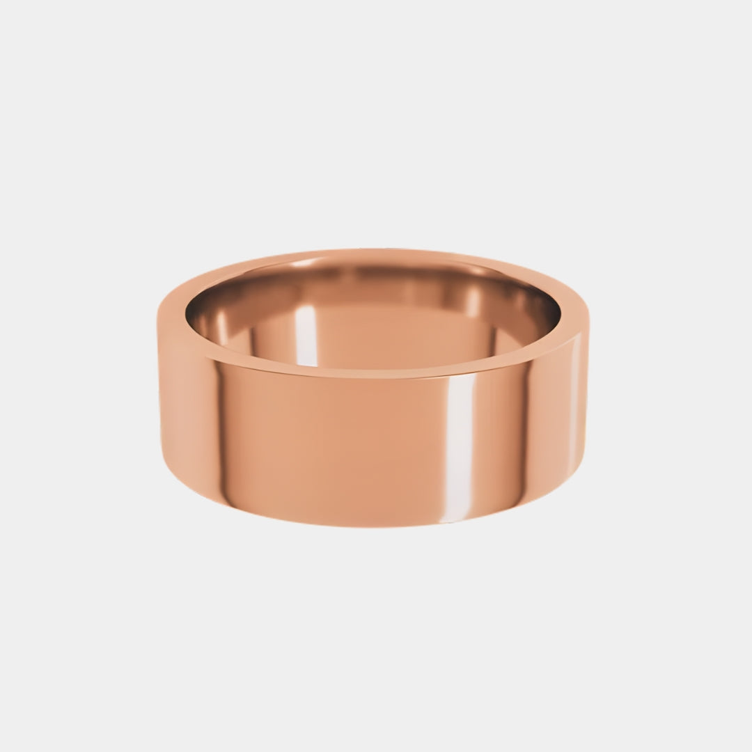 hitched men's rose gold flat wedding band with a 7mm width