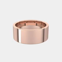 hitched men's rose gold flat wedding band with a 8mm width