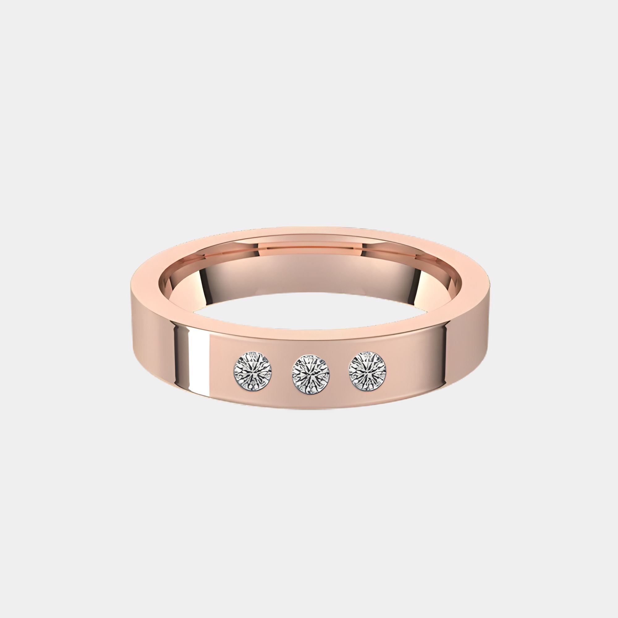 hitched men's rose gold flat wedding band with trio of diamonds in 4mm width