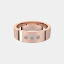 hitched men's rose gold flat wedding band with trio of diamonds in 6mm width