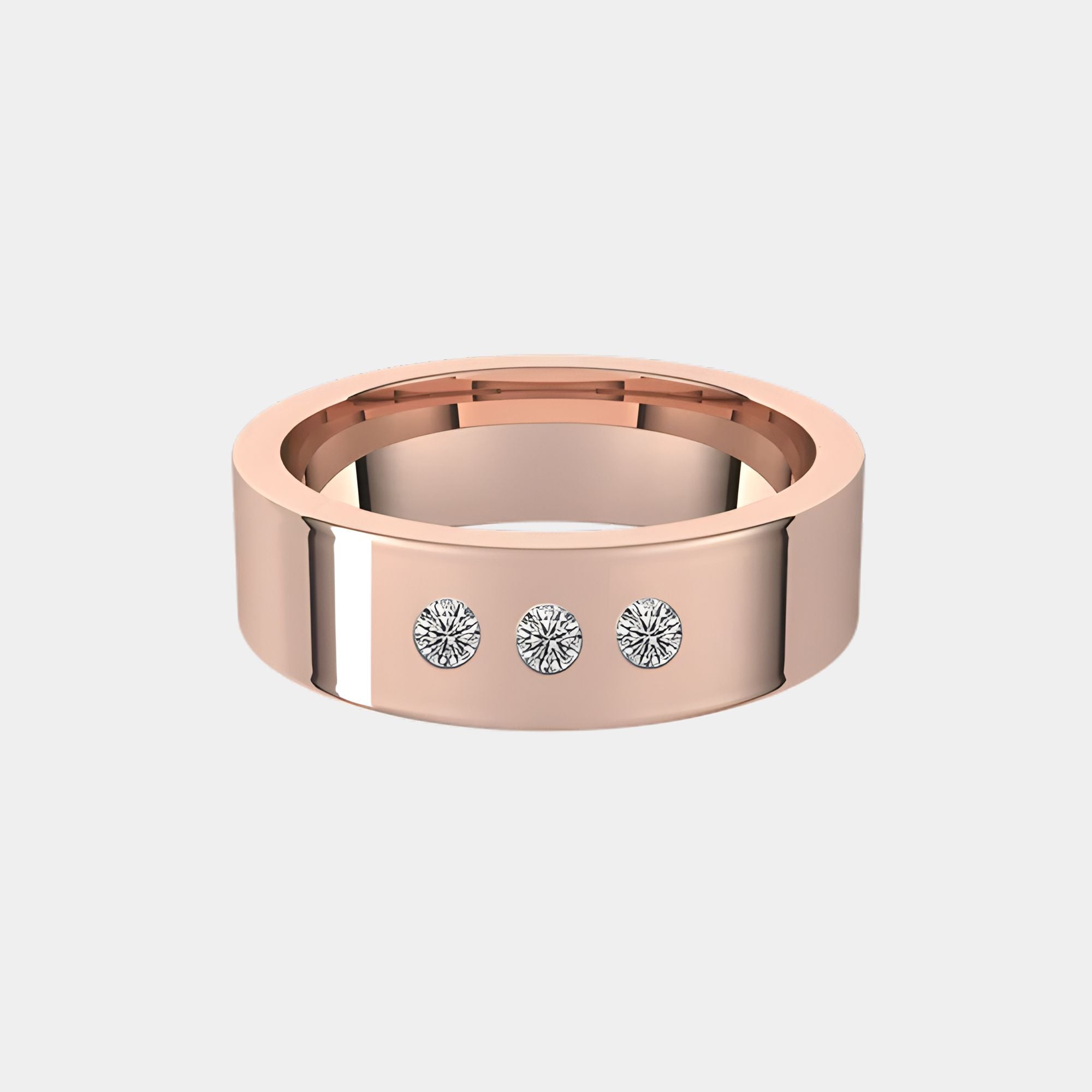 hitched men's rose gold flat wedding band with trio of diamonds in 6mm width