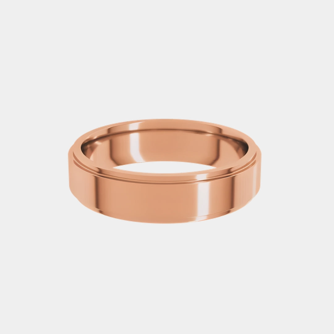 hitched men's rose gold stepped edge wedding band in 5mm width