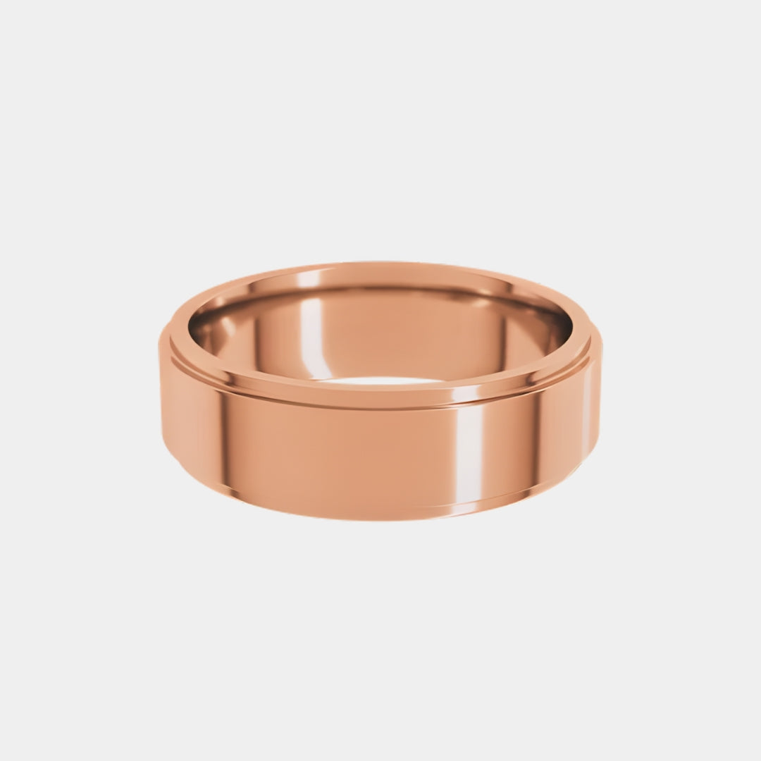 hitched men's rose gold stepped edge wedding band in 6mm width