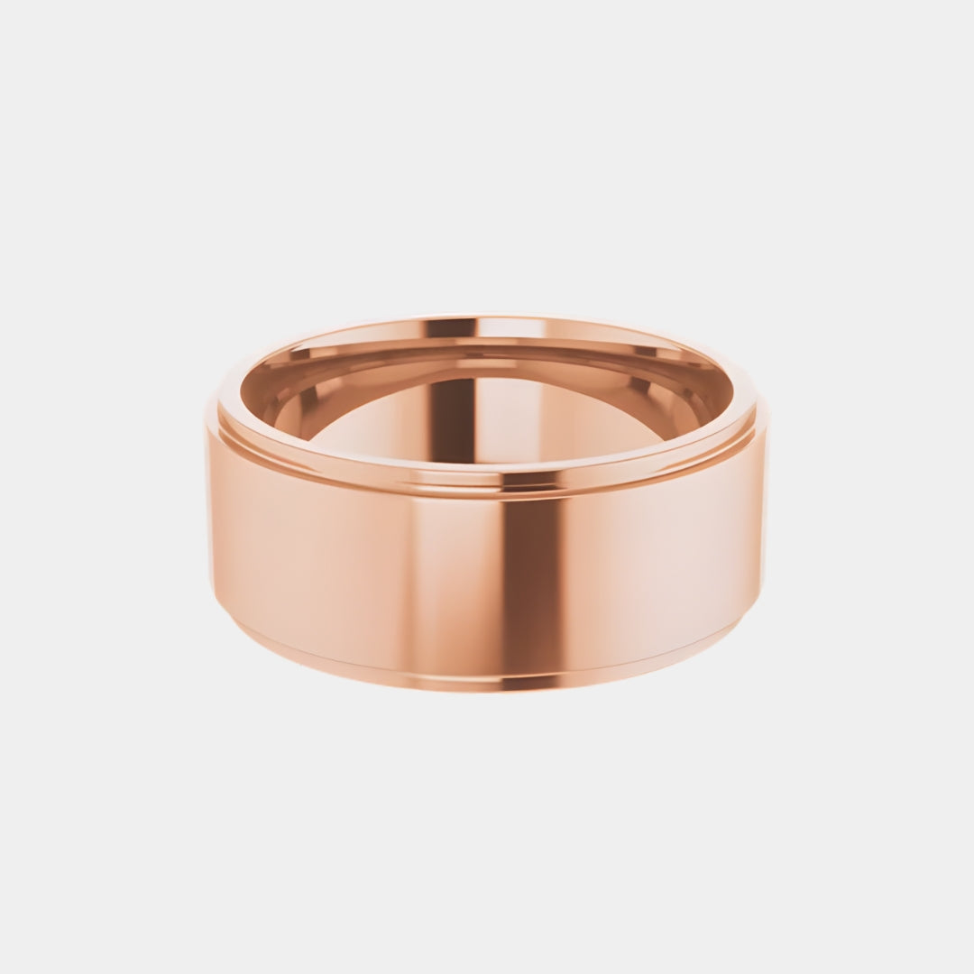 hitched men's rose gold stepped edge wedding band in 8mm width