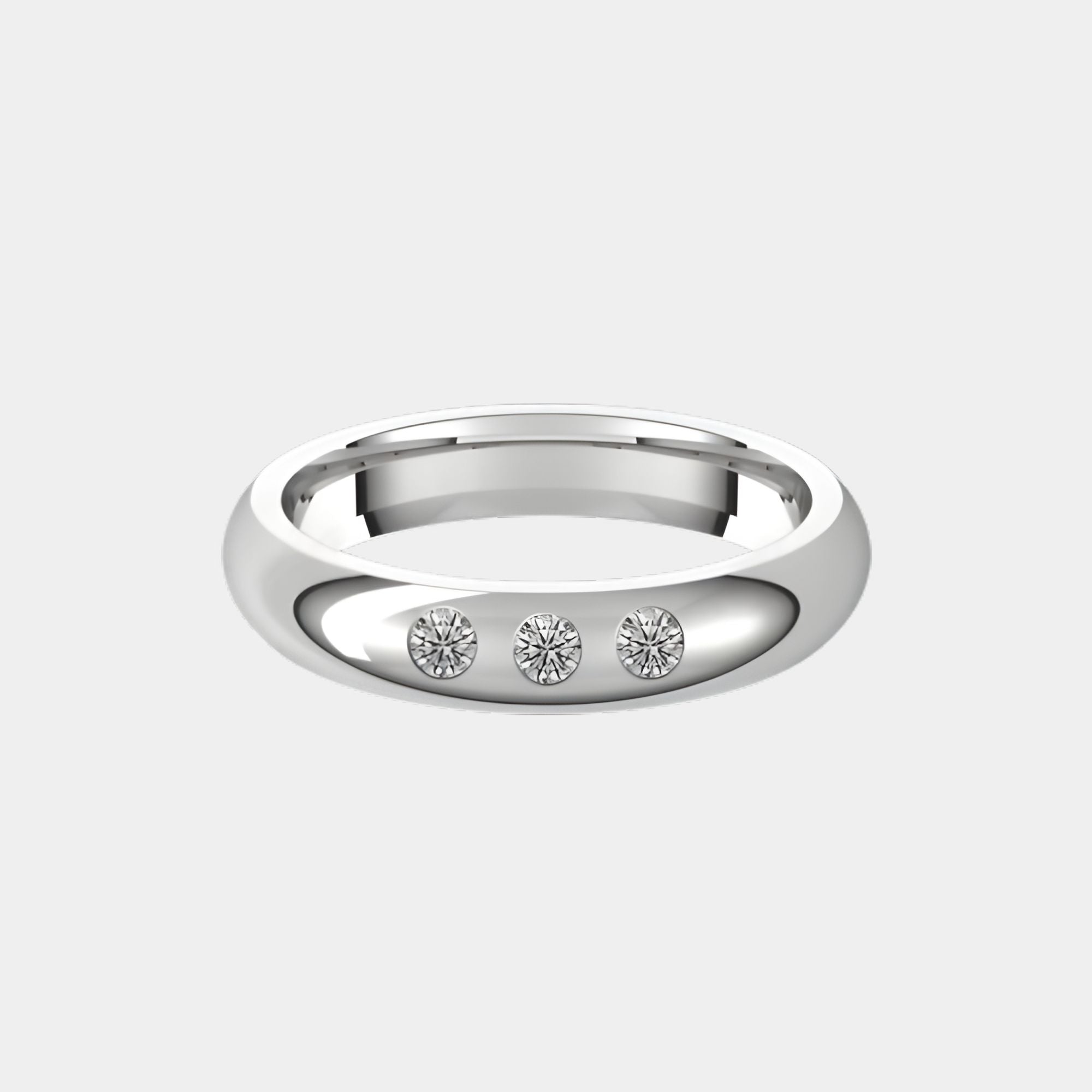 hitched men's white gold classic wedding band with trio of diamonds in 4mm width